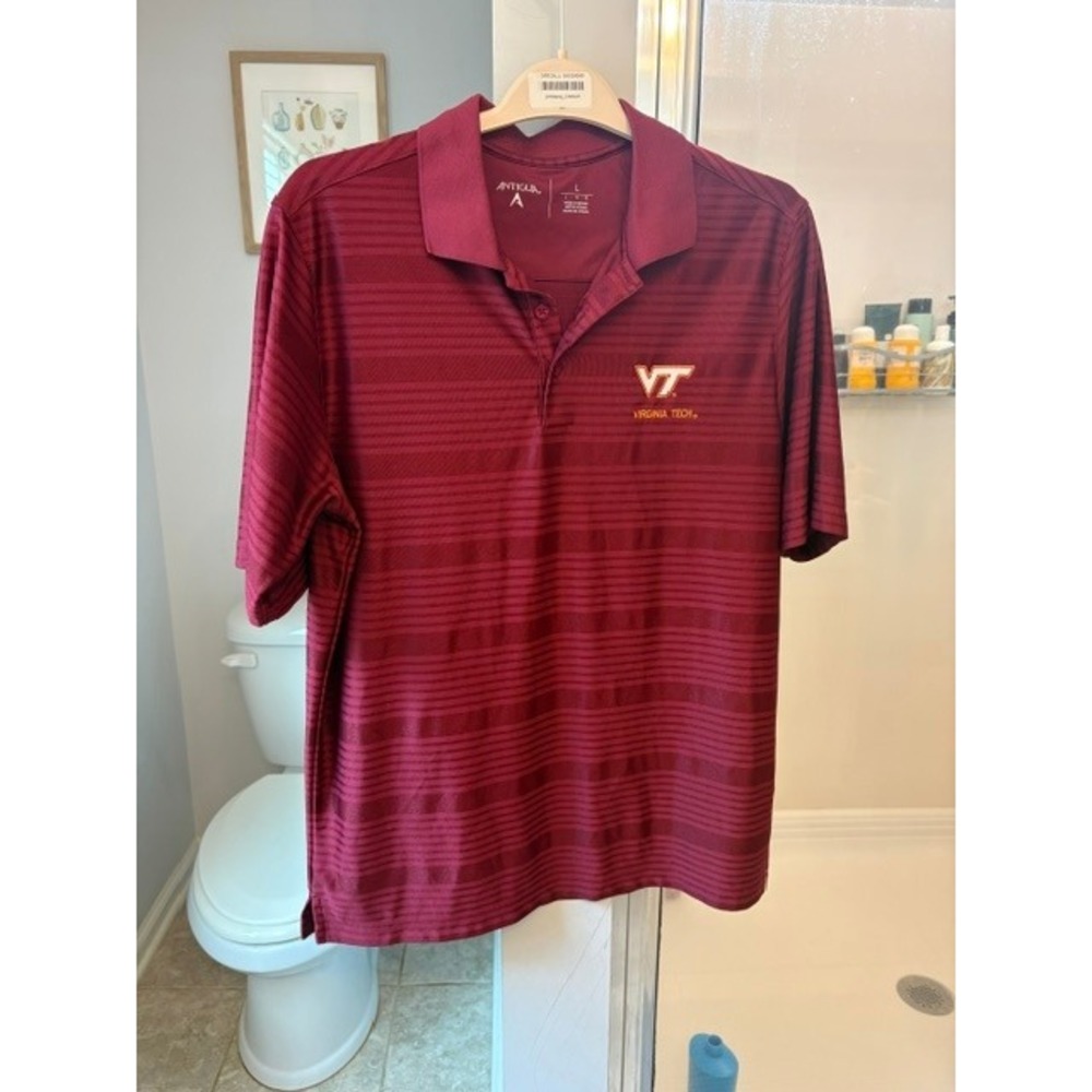 Virginia Tech Hokies Antigue Men's Polo Shirt Large Maroon Striped Golf NCAA